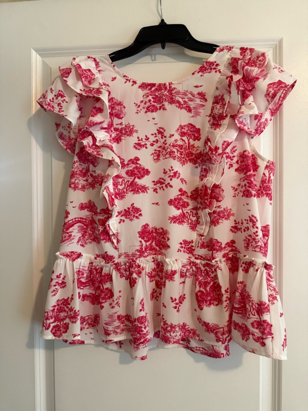 Ruffled Floral Print Women's Blouse - White & Pink